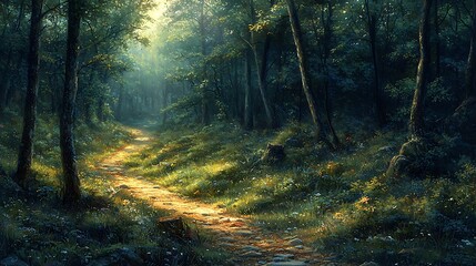 Obraz premium Sunlit Forest Path Magical Woodland Trail Lush Greenery Sunlight Dappled