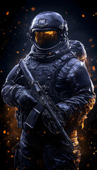 Astronaut soldier, fiery backdrop, weapon