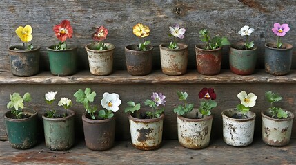 Fototapeta premium Pansies in Rustic Pots Row on Aged Wooden Surface for Garden Display and Ornamental Purpose