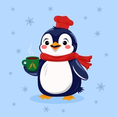 Penguin holding hot drink, wearing scarf and hat on blue background, winter holiday