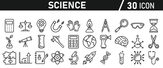 Science icon set in liner style. Biology, laboratory, experiment, test tube, scientist, research, physics, chemistry icons. Icons Vector illustration.