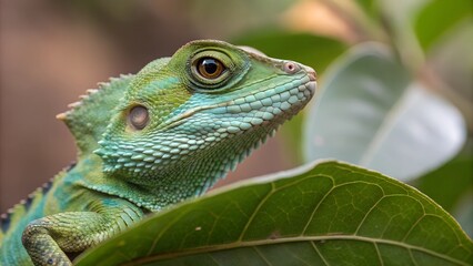 Obraz premium Macro photograph, vibrant green lizard, scaly skin texture, alert eye, leaf background
