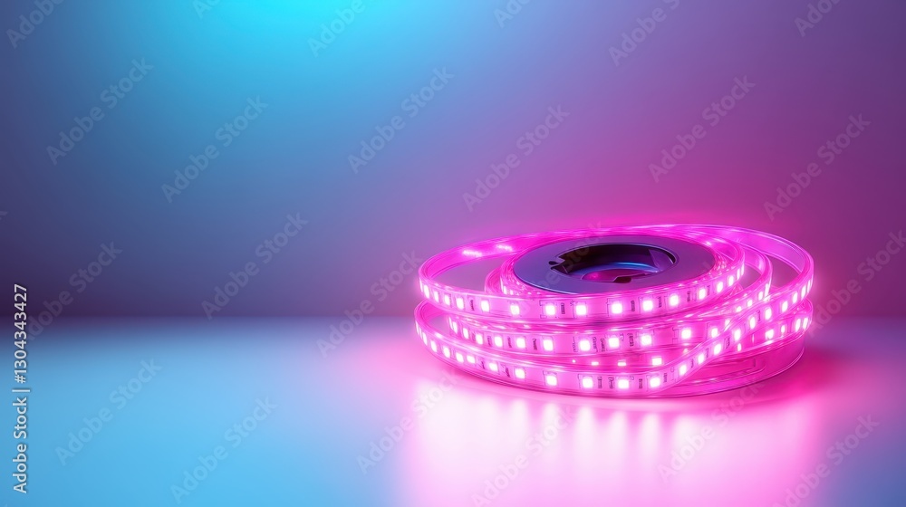 Poster a visually stunning image of illuminated pink led lights coils artfully on a surface, creating an at