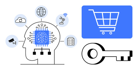 Head with neural network chip connected to IoT devices, cloud, and database. E-commerce cart and key suggest data security and smart shopping. Ideal for AI, automation, connectivity, security