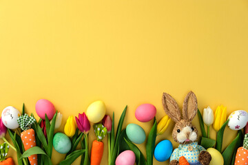 Colorful Easter eggs, vibrant tulips, and a cute bunny on a yellow background. Flat lay, top view. Happy Easter concept