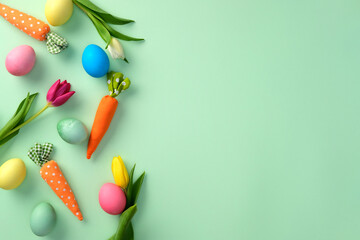 Flat lay vibrant Easter eggs, tulips, and fabric carrots on a pastel green background. Top view with space for text.