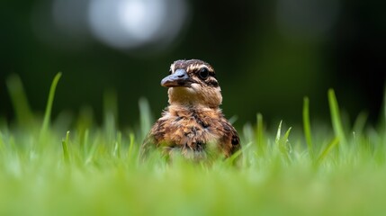 A close-up image of a charming bird perched among lush green grass, capturing its natural beauty and the vibrant outdoor environment it inhabits.