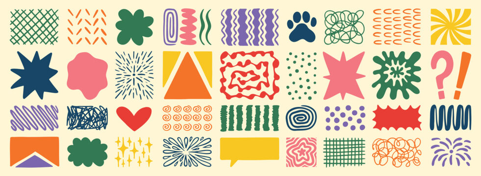 Retro shapes elements set. Abstract paw, star, flower, shapes and stickers. Groovy funky bubble, star, print, lines, waves. Trendy retro 60s, 70s or 90s cartoon colorful style. 