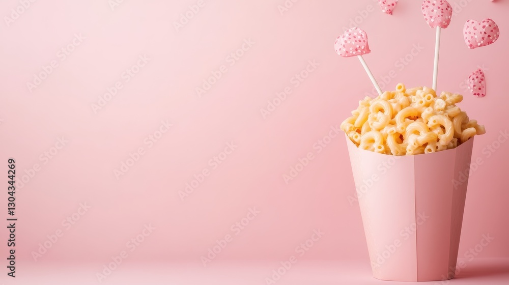 Poster this whimsical image features pink pasta in a container adorned with heart-shaped decorations, creat