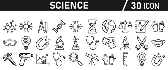 Science icon set in liner style. Biology, laboratory, experiment, test tube, scientist, research, physics, chemistry icons. Icons Vector illustration.