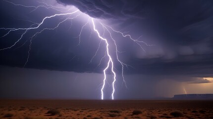 Powerful thunderstorm unleashing lightning over a barren landscape