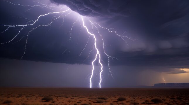 Powerful thunderstorm unleashing lightning over a barren landscape - Powered by Adobe