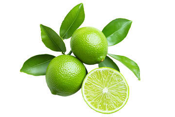 Whole and halved green limes with fresh leaves, presented on white transparent background, highlighting freshness and citrus concept.