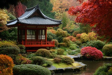 Serene Autumnal Japanese Garden with Red Pavilion and Pond