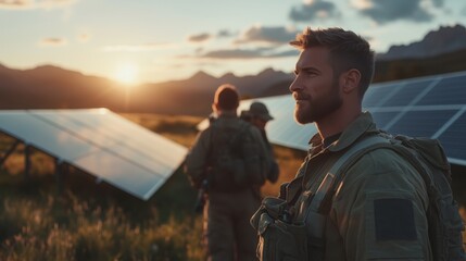 Soldiers observing solar panel fields during sunset in a mountainous region