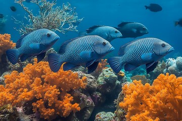 Obraz premium Fish swim coral reef ocean