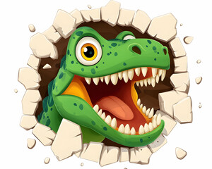 Obraz premium Cartoon dinosaur bursting through wall