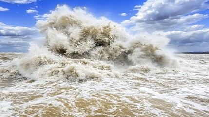 Turbulent Ocean Waves Crashing Against the Shore Under Dramatic Cloudy Sky