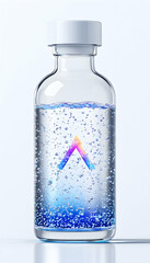 Clear bottle, fizzy liquid, white background