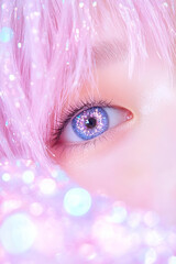Close-up eye portrait, pink glitter, soft focus, studio