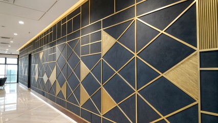 Obraz premium Modern office interior, geometric wall design, navy blue and gold accents, sleek hallway