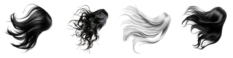 set of Curly hair swaying in the wind, loose hair floating in the wind, curly hair, loose curly hair flying in the wind, loose hair dancing with the wind, on a transparent backgrounds