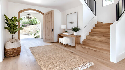 Coastal home's bright entryway with wooden staircase