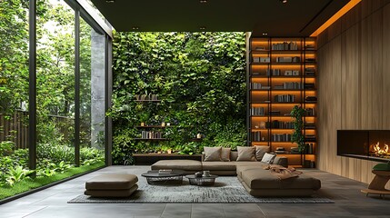 Fototapeta premium Modern Living Room Interior Design with Green Wall Bookshelves and Fireplace