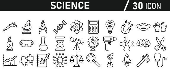 Science icon set in liner style. Biology, laboratory, experiment, test tube, scientist, research, physics, chemistry icons. Icons Vector illustration.