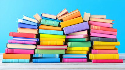 Colorful book stacks on white table, blue background