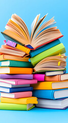 Fototapeta premium Colorful book stack, open pages, blue background