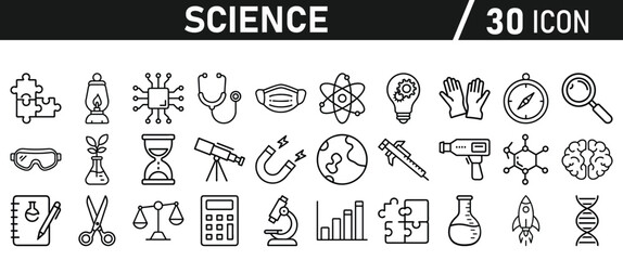 Science icon set in liner style. Biology, laboratory, experiment, test tube, scientist, research, physics, chemistry icons. Icons Vector illustration.