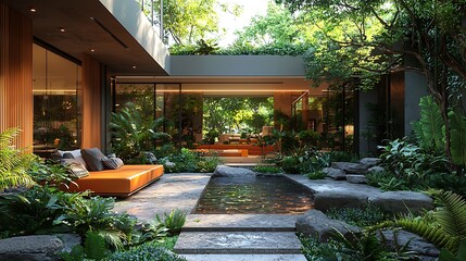 Fototapeta premium Tranquil Modern Courtyard Oasis Lush Tropical Garden Design with Water Feature and Daybed