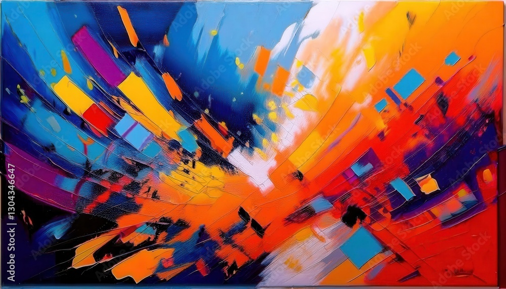 Poster dynamic explosion of color in abstract digital painting with vivid contrast of blue, red, and orange