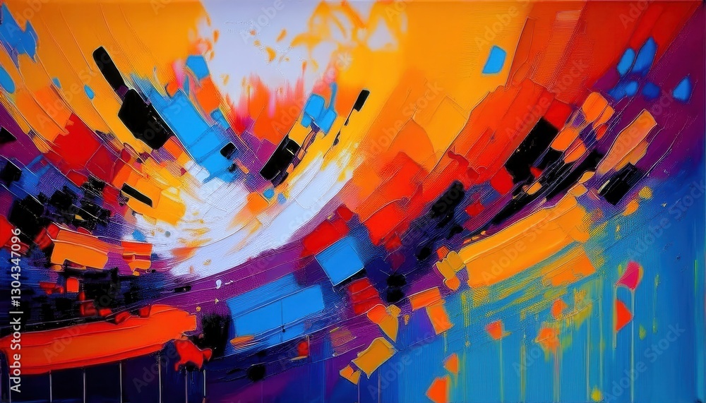 Poster dynamic explosion of color in abstract digital painting with vivid contrast of blue, red, and orange