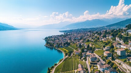 Aerial photography capturing Montreuxs unparalleled beauty, from its lakeside setting to its rolling vineyard-covered hills.