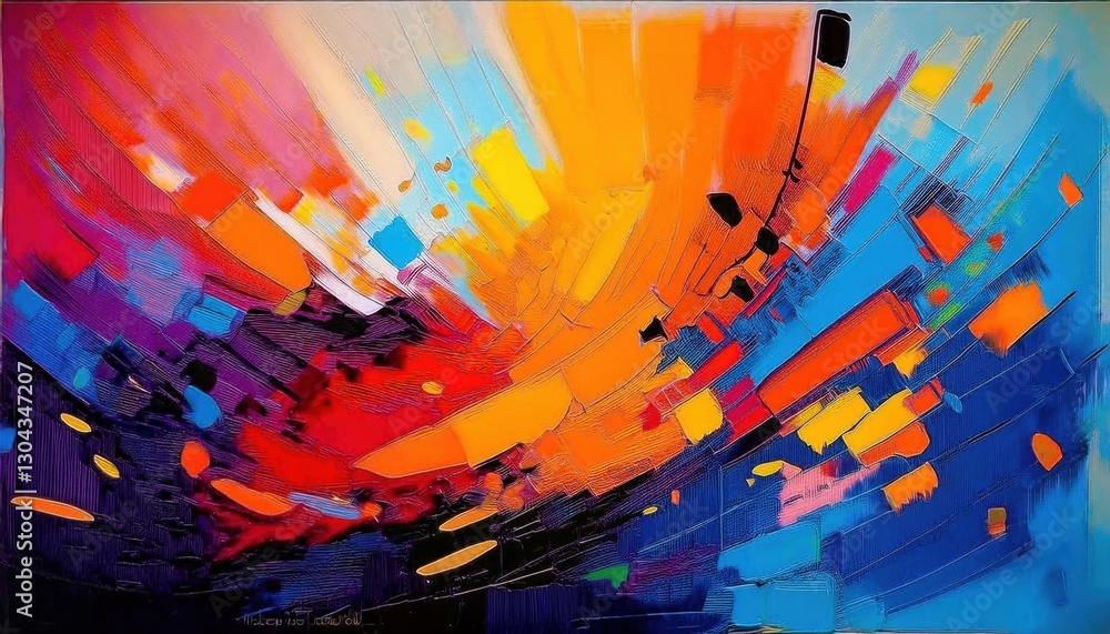 Poster dynamic explosion of color in abstract digital painting with vivid contrast of blue, red, and orange