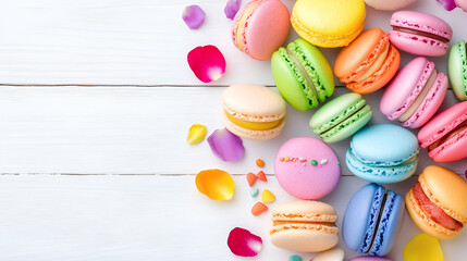 Fototapeta premium Colorful macarons and petals on white wood