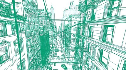 Intricate Urban Landscape Illustration Featuring Green Tones and Detailed Architectural Elements