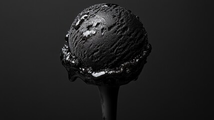 A scoop of creamy black ice cream stands out dramatically against a stark black background, a minimalist masterpiece of flavor and form.