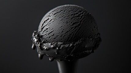 A scoop of creamy black ice cream stands out dramatically against a stark black background, a minimalist masterpiece of flavor and form.