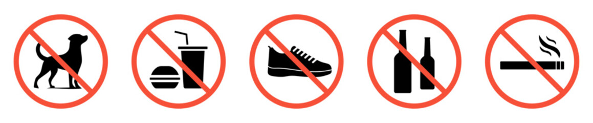 Set of prohibition sign symbol, no smoking, no eating, no shoes, no alcohol and no dogs. Ban sign symbol Isolated vector illustration.