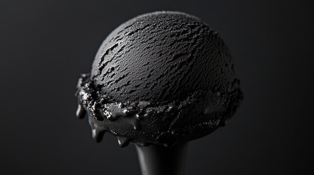 A scoop of creamy black ice cream stands out dramatically against a stark black background, a minimalist masterpiece of flavor and form.