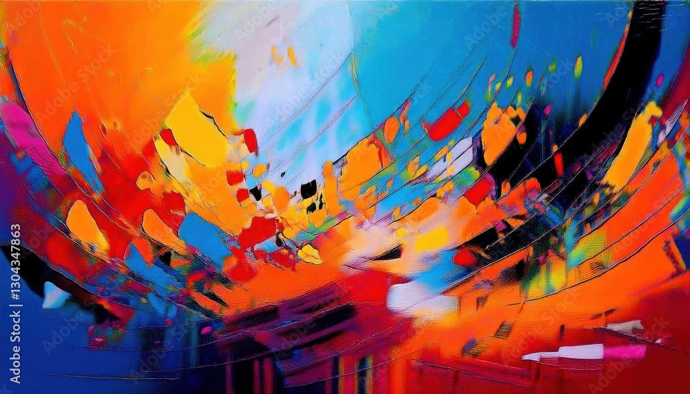 Poster dynamic explosion of color in abstract digital painting with vivid contrast of blue, red, and orange