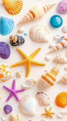 Colorful Seashells and Starfish on Beach Background