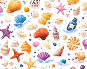 Colorful Seashells, Starfish, and Bottle Seamless Pattern