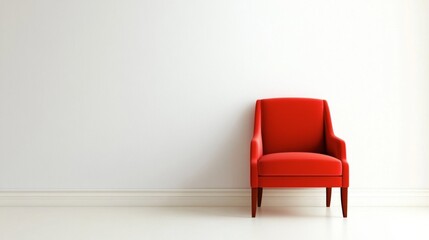 Artistic interior design with a vibrant red accent chair against a crisp white wall, creating contrast.