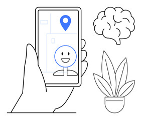 Hand holding smartphone displaying map pin and happy face. Nearby icons include a brain and a plant. Ideal for technology, navigation, mental health, botany, user interface, mobile devices, abstract