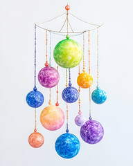 Colorful spherical mobile hanging against white background