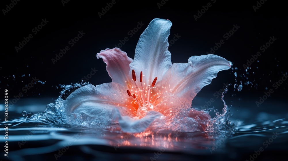 Aufkleber a captivating scene of a white flower submerged in water, creating a dynamic splatter effect that sy